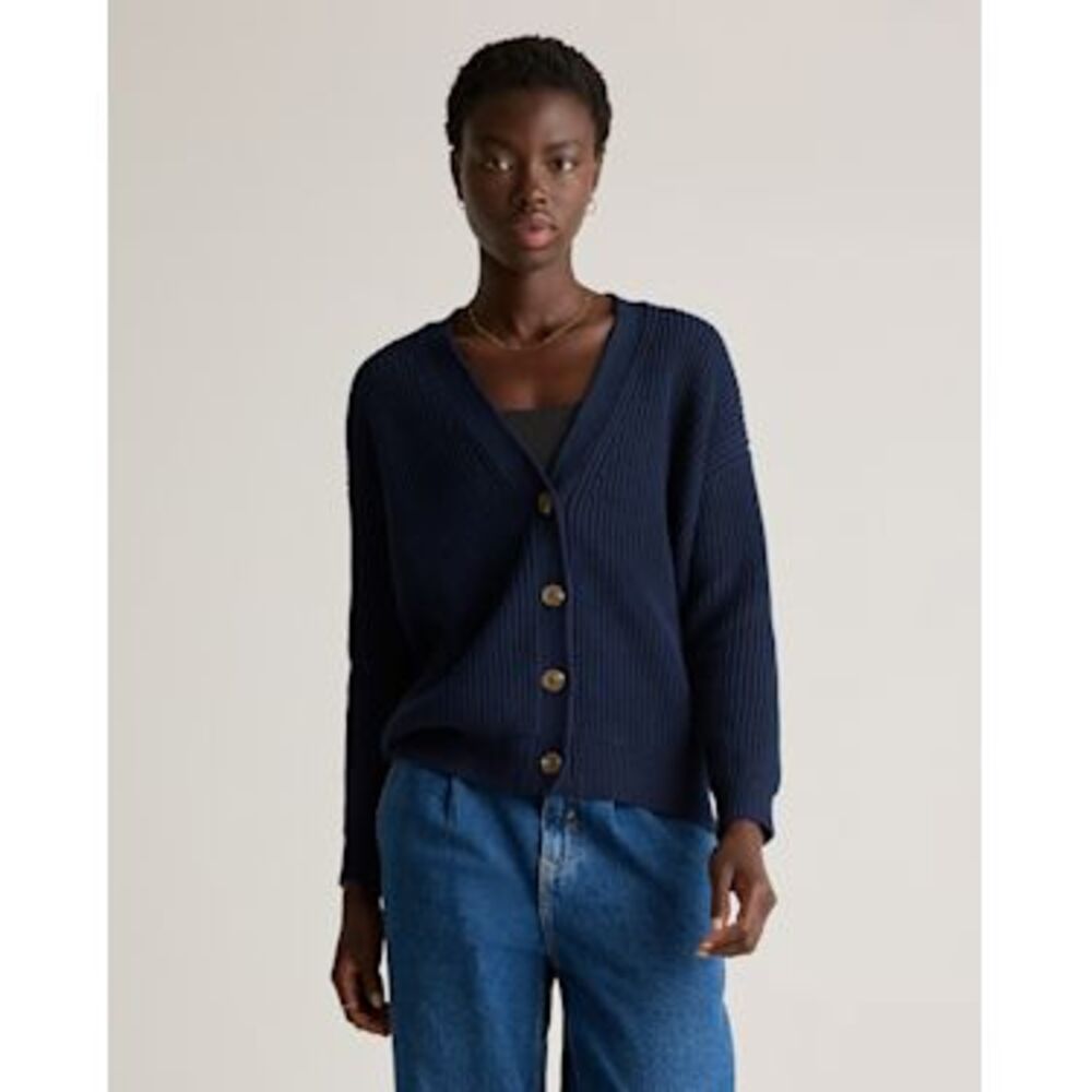 Quince Navy Ribbed V-Neck Button Cardigan